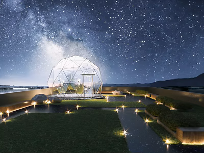 Rooftop Garden Featuring Transparent Dome Structure Starry Night Sky Lawn Lighting And Mountain Backdrop 3d model
