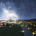 Rooftop Garden Featuring Transparent Dome Structure Starry Night Sky Lawn Lighting And Mountain Backdrop