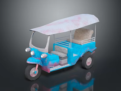 Colorful Three Wheeled Tuk Tuk Vehicle With Blue Body Pink Roof And Beige Seat 3d model