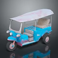 Colorful Three Wheeled Tuk Tuk Vehicle With Blue Body Pink Roof And Beige Seat