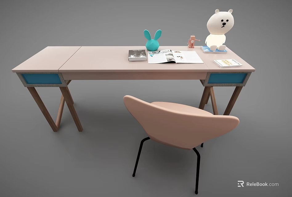 Light Pink Desk with Blue Drawers Open Book White Bear Figurine and Pink Chair 3d model 