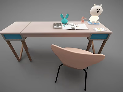 Light Pink Desk with Blue Drawers Open Book White Bear Figurine and Pink Chair 3d model