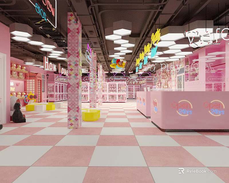 Pink KTV Interior Design With Neon Lights Checkerboard Floor Counter And Seats 3d model 
