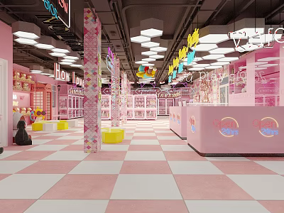 Pink KTV Interior Design With Neon Lights Checkerboard Floor Counter And Seats 3d model