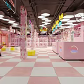 Pink KTV Interior Design With Neon Lights Checkerboard Floor Counter And Seats