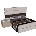Double Bed with Layered Light Gray Dark Brown Headboard Purple Striped Pillows and White Nightstands