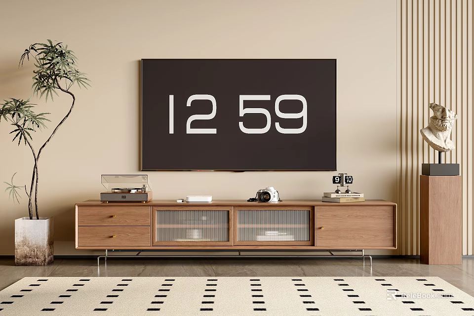 Modern Walnut Wood TV Stand With Glass Storage Doors And Decorative Items Around TV 3d model 