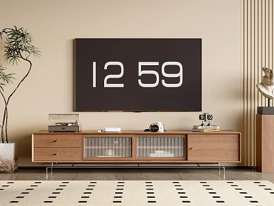 Modern Walnut Wood TV Stand With Glass Storage Doors And Decorative Items Around TV 3d model