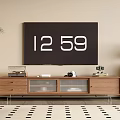 Modern Walnut Wood TV Stand With Glass Storage Doors And Decorative Items Around TV