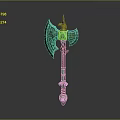 Green Ornate Axe With Intricate Design Brown Handle And Silver Base Fantasy Weapon