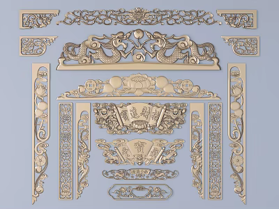 Various Intricate Wooden Carvings With Traditional Floral Patterns And Decorative Panels 3d model