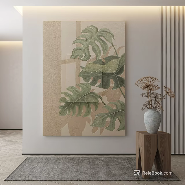 Modern Botanical Wall Art With Monstera Leaves In Neutral Tones And Wooden Side Table 3d model 