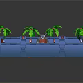 Cartoon Adventure Scene With Blue Walls Palm Trees Brown Ground And Character