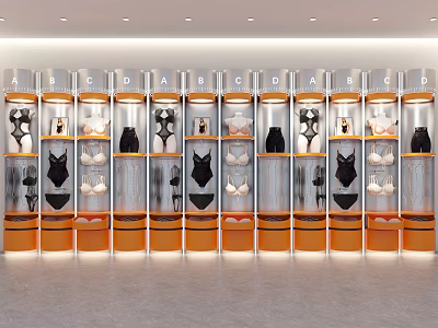 Lingerie Store With Transparent Cylindrical Display Cases Neatly Arranged Black And White Styles 3d model