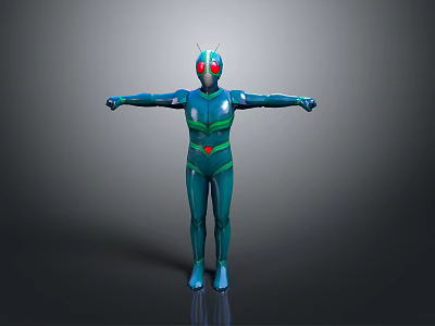 Blue Humanoid Character Wearing Blue Bodysuit With Green Stripes Red Eyes And Outstretched Arms 3d model
