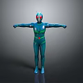 Blue Humanoid Character Wearing Blue Bodysuit With Green Stripes Red Eyes And Outstretched Arms