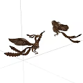 Decorative Ornament Set With Metal Phoenix Design Spreading Wings And Long Bronze Tail Feathers