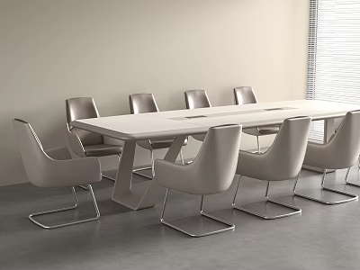 White Conference Table with Multiple Grey Chairs and Metal Legs in Minimalist Interior 3d model