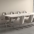 White Conference Table with Multiple Grey Chairs and Metal Legs in Minimalist Interior