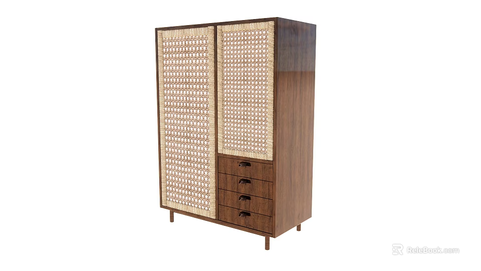 Modern Wooden Entryway Cabinet Sideboard Featuring Rattan Panel Doors And Drawers 3d model 