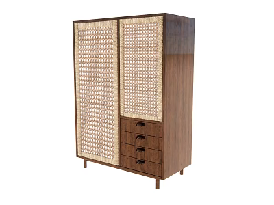 Modern Wooden Entryway Cabinet Sideboard Featuring Rattan Panel Doors And Drawers 3d model