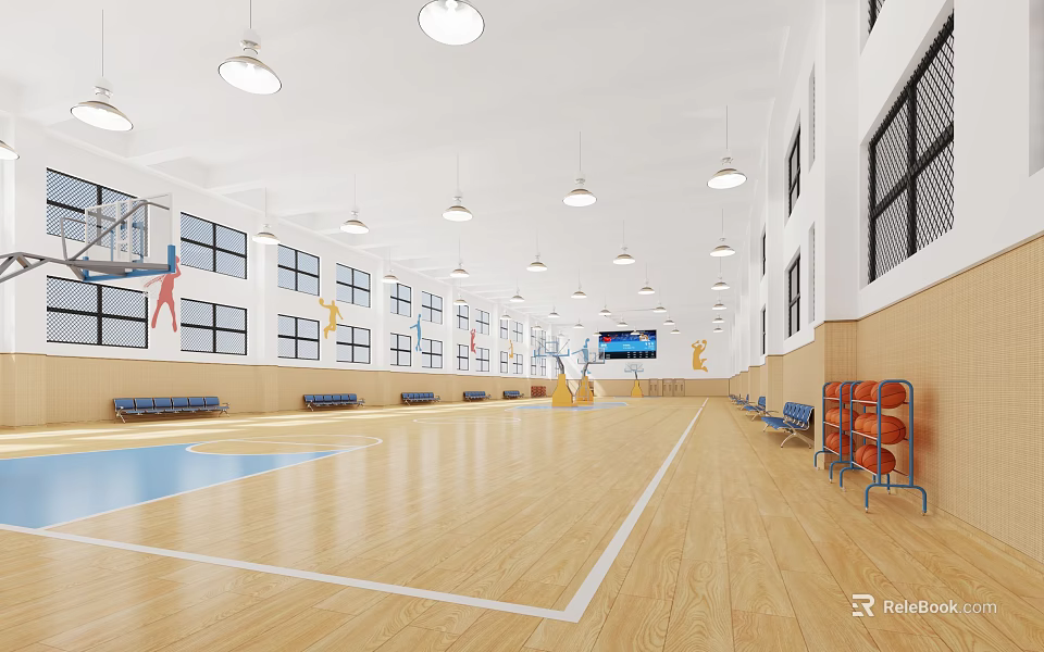 Bright Basketball Gym Interior With Wooden Floor Hoops And Seating 3d model 