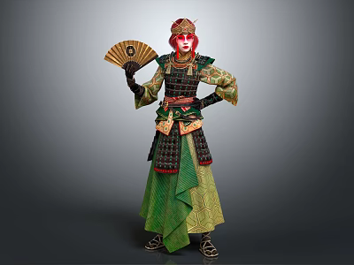Traditional Attire Character With Red Headdress Holding Fan And Green Black Outfit 3d model