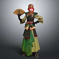 Traditional Attire Character With Red Headdress Holding Fan And Green Black Outfit