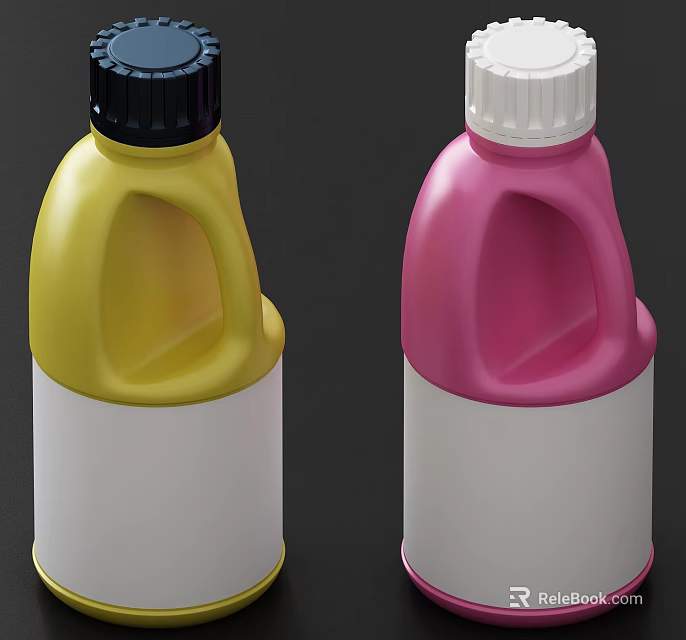 Colorful Household Item Bottles With Yellow Pink Design White Labels And Caps 3d model 