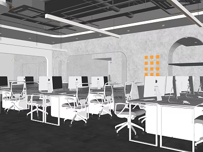Modern Public Office Space Featuring Multiple Computers Desks Ergonomic Chairs And Open Layout 3d model
