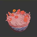 Orange Donuts Splashing in White Milk with Blue and White Patterned Bowl