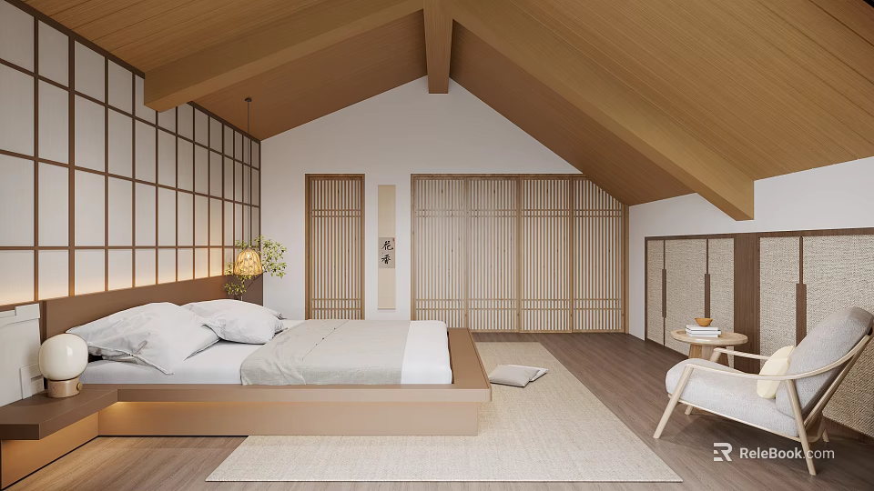 Japanese Zen Bedroom Interior With Wooden Ceiling Grid Walls And Low Bed 3d model 