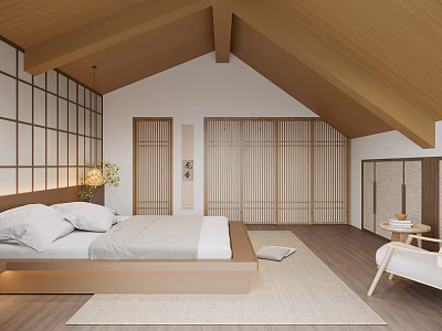 Japanese Zen Bedroom Interior With Wooden Ceiling Grid Walls And Low Bed 3d model