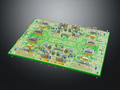 Computer Circuit Board Featuring Electronic Chips Capacitors And Green Circuit Design 3d model