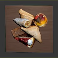 Assorted Desserts with Cinnamon Roll Fruit Tart and Cream Cake on Wooden Tray