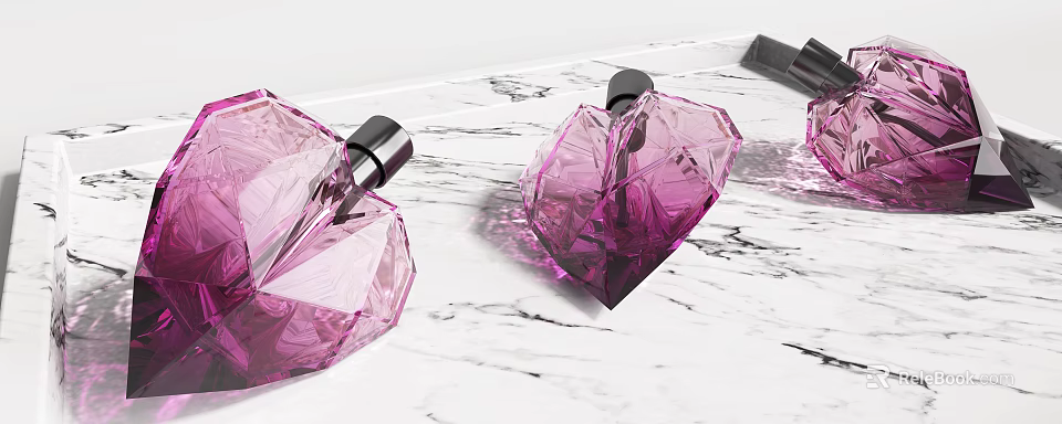 Multiple Pink Heart shaped Crystal Perfume Bottles Displayed On Marble Countertop 3d model 