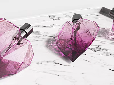 Multiple Pink Heart shaped Crystal Perfume Bottles Displayed On Marble Countertop 3d model