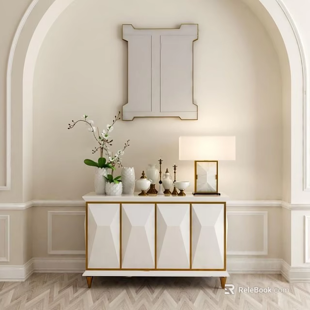 Elegant Entryway Console Side Cabinet Featuring Geometric Doors Gold Trim And Decorative Vase Lamp Plant 3d model 