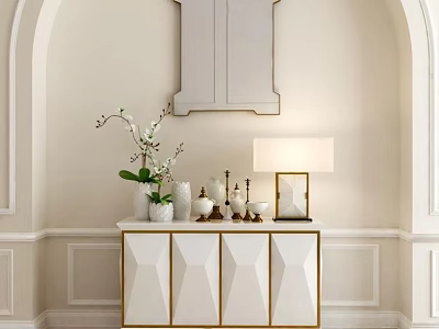 Elegant Entryway Console Side Cabinet Featuring Geometric Doors Gold Trim And Decorative Vase Lamp Plant 3d model