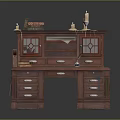 Mahogany Wooden Desk With Green Writing Top And Drawers Featuring Books Candles And Ink Bottle