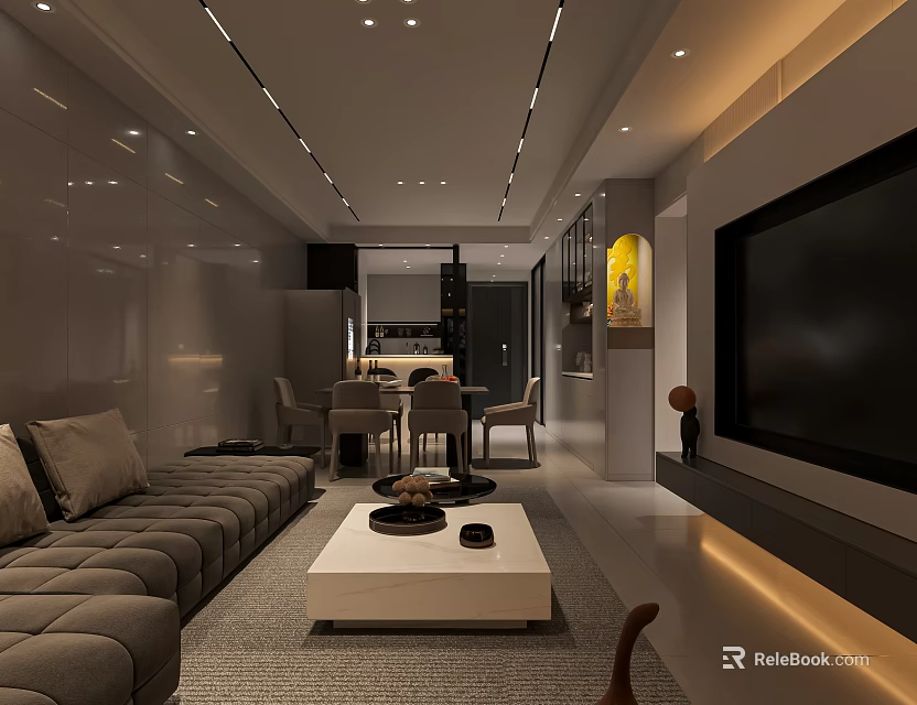 Modern Minimalist Open Living And Dining Room Interior Design With Soft Warm Ambient Lighting 3d model 