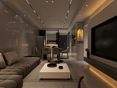 Modern Minimalist Open Living And Dining Room Interior Design With Soft Warm Ambient Lighting 3d model