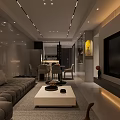 Modern Minimalist Open Living And Dining Room Interior Design With Soft Warm Ambient Lighting