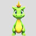 Cute Green Dragon Character with Yellow Belly Spiky Crown Big Blue Eyes and Friendly Expression