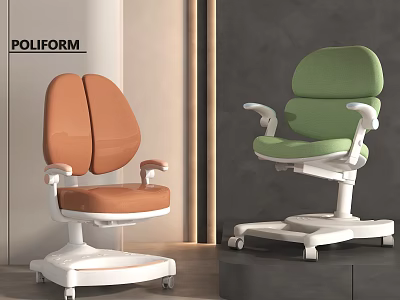 Two Modern Orange and Green Kids' Chairs with Padded Seat Armrests and Wheels for Comfort 3d model