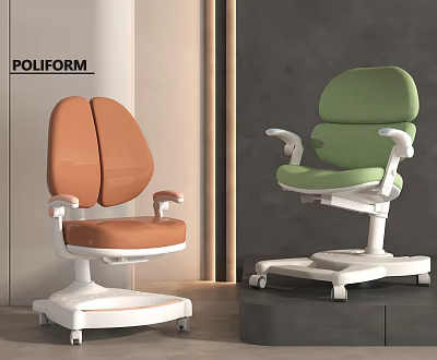 Two Modern Orange and Green Kids' Chairs with Padded Seat Armrests and Wheels for Comfort 3d model