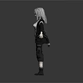 3D Character Model with Silver Hair Blue Eyes Black Jacket Cargo Pants and Outstretched Hands