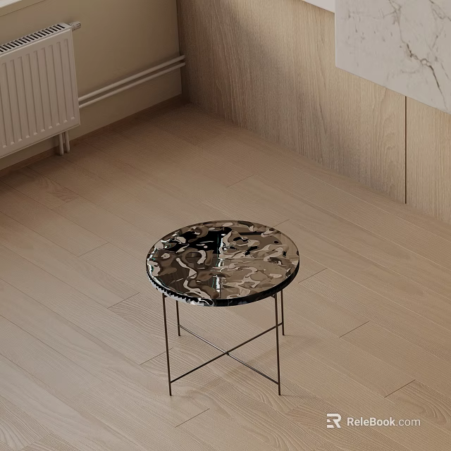 Modern Round Side Table With Metallic Patterned Top And Slim Metal Legs On Wooden Floor 3d model 