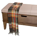 Wooden Ottoman With Storage Drawers And Upholstered Seat Featuring Plaid Blanket