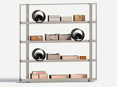 Sturdy Metal Shelf with Multiple Layers Holding Various Household Items and Containers 3d model